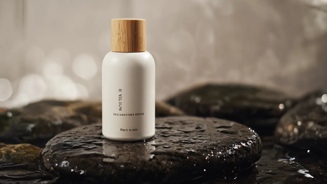 AI product photography result of the same skincare bottle staged on wet stone in soft daylight