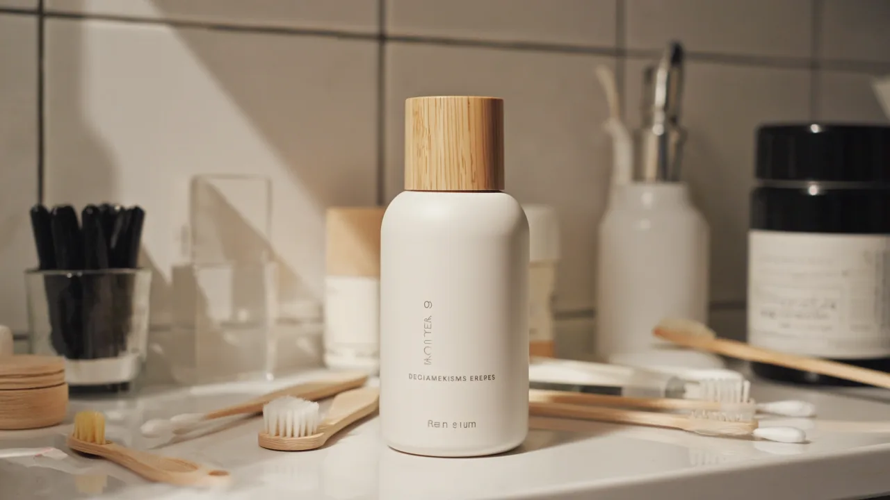 Raw phone product photo of a skincare bottle on a cluttered bathroom counter before AI enhancement